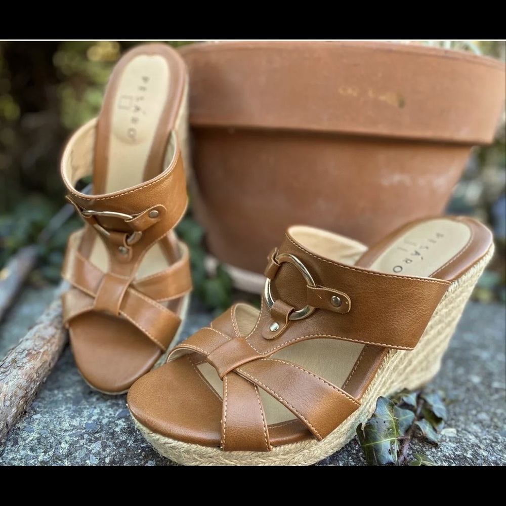 💕Pesaro💕Lyndsey Cognac Espadrille Wedge Platform Sandals EUC